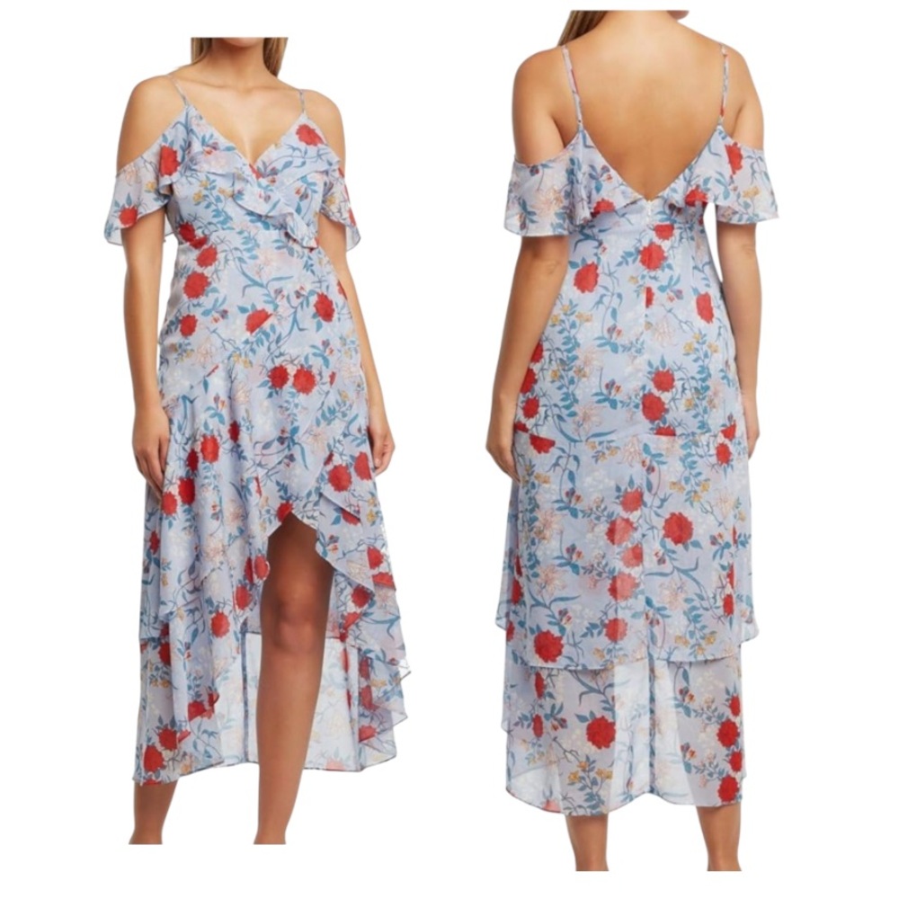 Bardot Women's Wrap Dress Size Small Blue Floral Chiffon‎ Cutout High-Low Hem